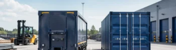 Unidad logística no ISO junto a un contenedor estándar en un patio industrial, mostrando la diferencia de formato y uso en una operación logística.