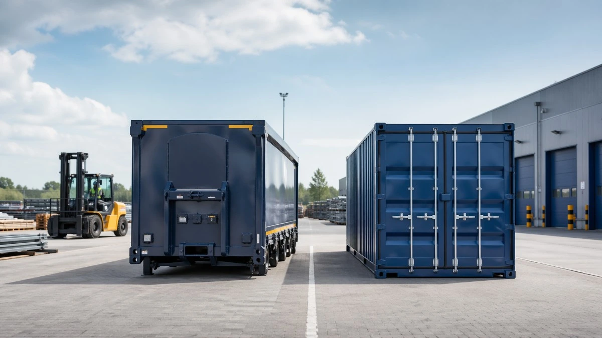 Unidad logística no ISO junto a un contenedor estándar en un patio industrial, mostrando la diferencia de formato y uso en una operación logística.