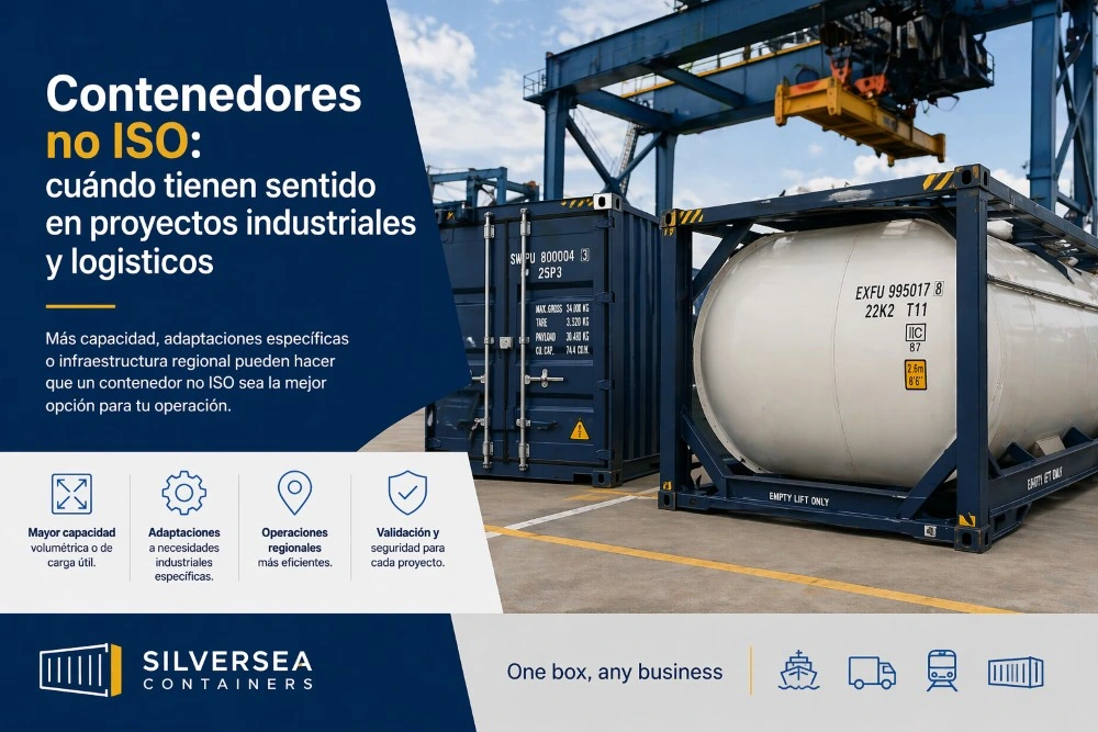 Infografía sobre contenedores no ISO en proyectos industriales y logísticos, con ventajas operativas, usos específicos y contexto logístico europeo.