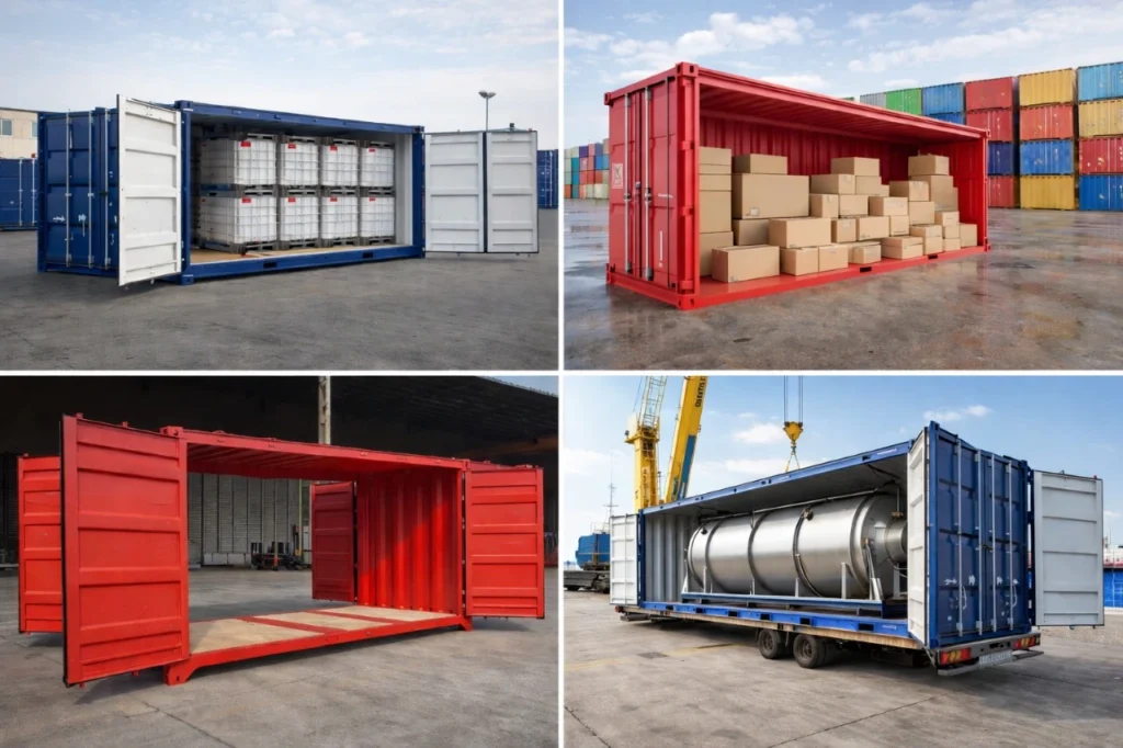 Contenedores Open Side con apertura lateral completa utilizados para carga industrial, almacenamiento de cajas, líquidos en IBC y maquinaria pesada.