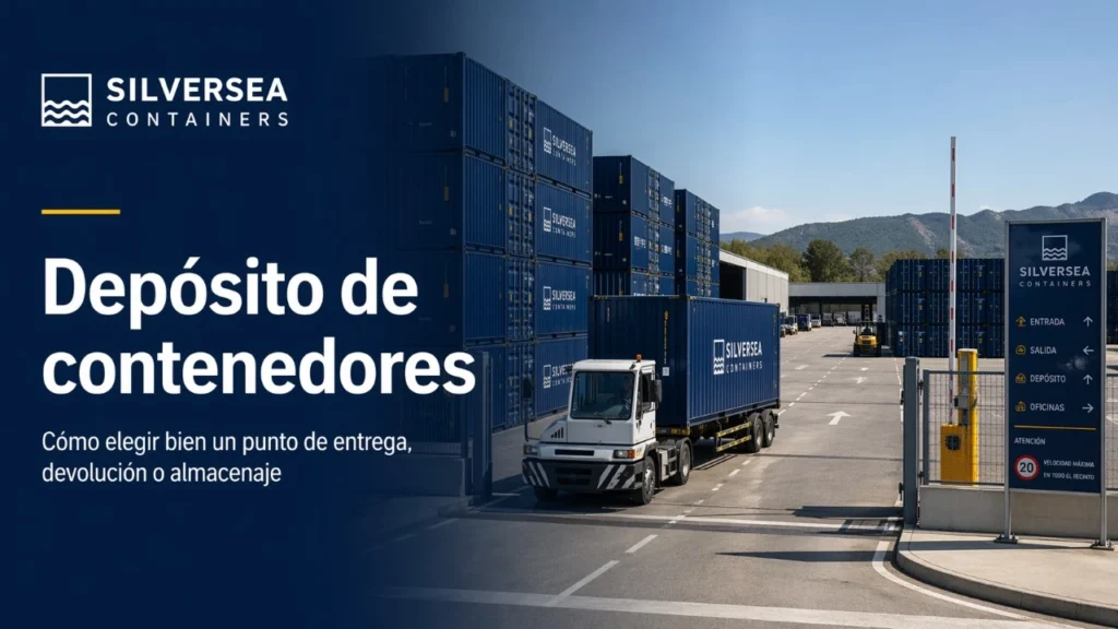 Depósito de contenedores con camión en operación, contenedores apilados y zona de acceso señalizada en un entorno logístico de España o Europa.
