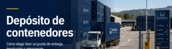 Depósito de contenedores con camión en operación, contenedores apilados y zona de acceso señalizada en un entorno logístico de España o Europa.