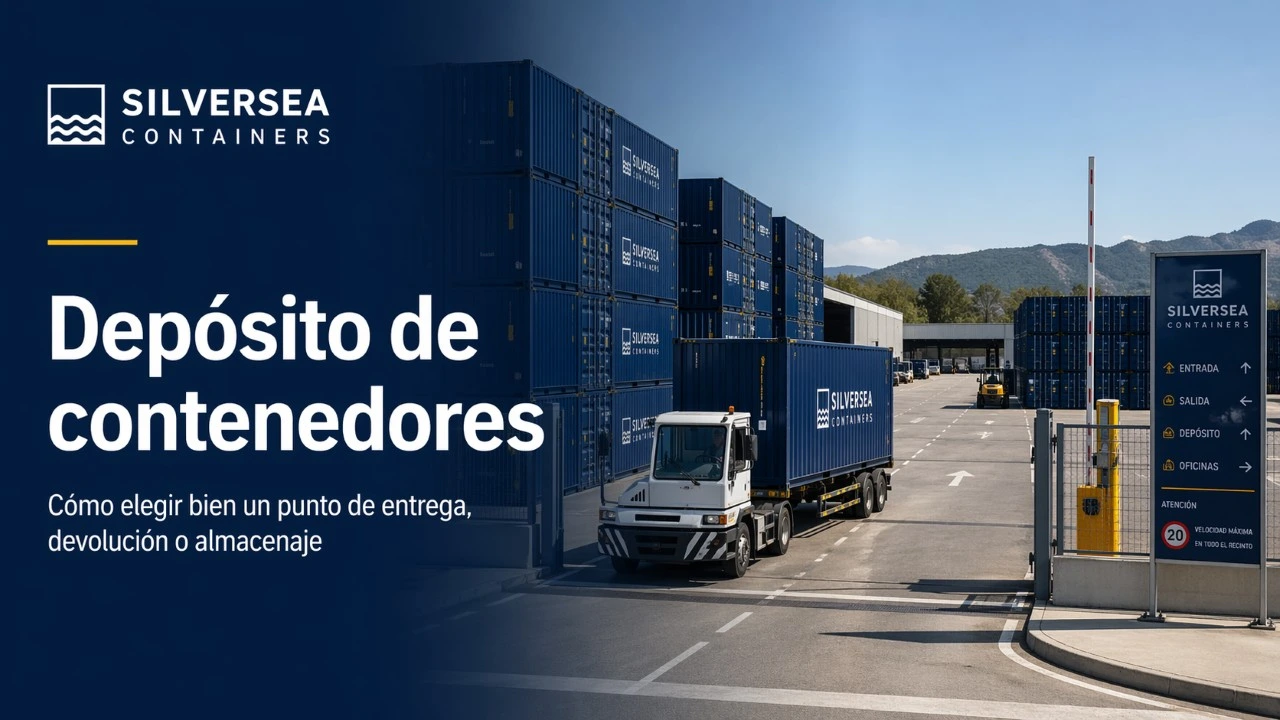 Depósito de contenedores con camión en operación, contenedores apilados y zona de acceso señalizada en un entorno logístico de España o Europa.