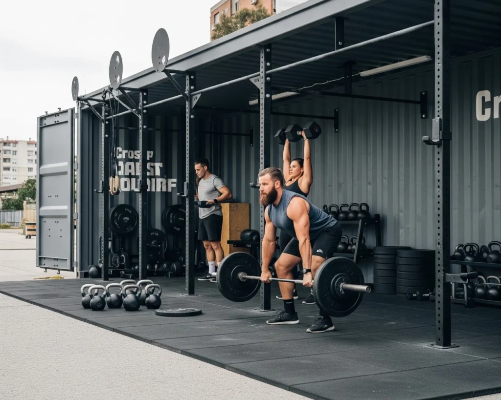 Gimnasio modular de alto rendimiento y box de CrossFit construido en un contenedor marítimo High Cube, abierto en un lateral para entrenamiento al aire libre. La imagen muestra el suelo de caucho anti-impacto y estructuras de dominadas (Rigs) fijadas a la estructura de acero Corten
