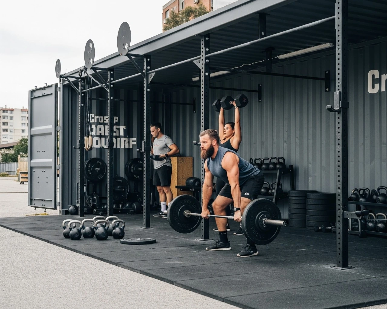 Gimnasio modular de alto rendimiento y box de CrossFit construido en un contenedor marítimo High Cube, abierto en un lateral para entrenamiento al aire libre. La imagen muestra el suelo de caucho anti-impacto y estructuras de dominadas (Rigs) fijadas a la estructura de acero Corten