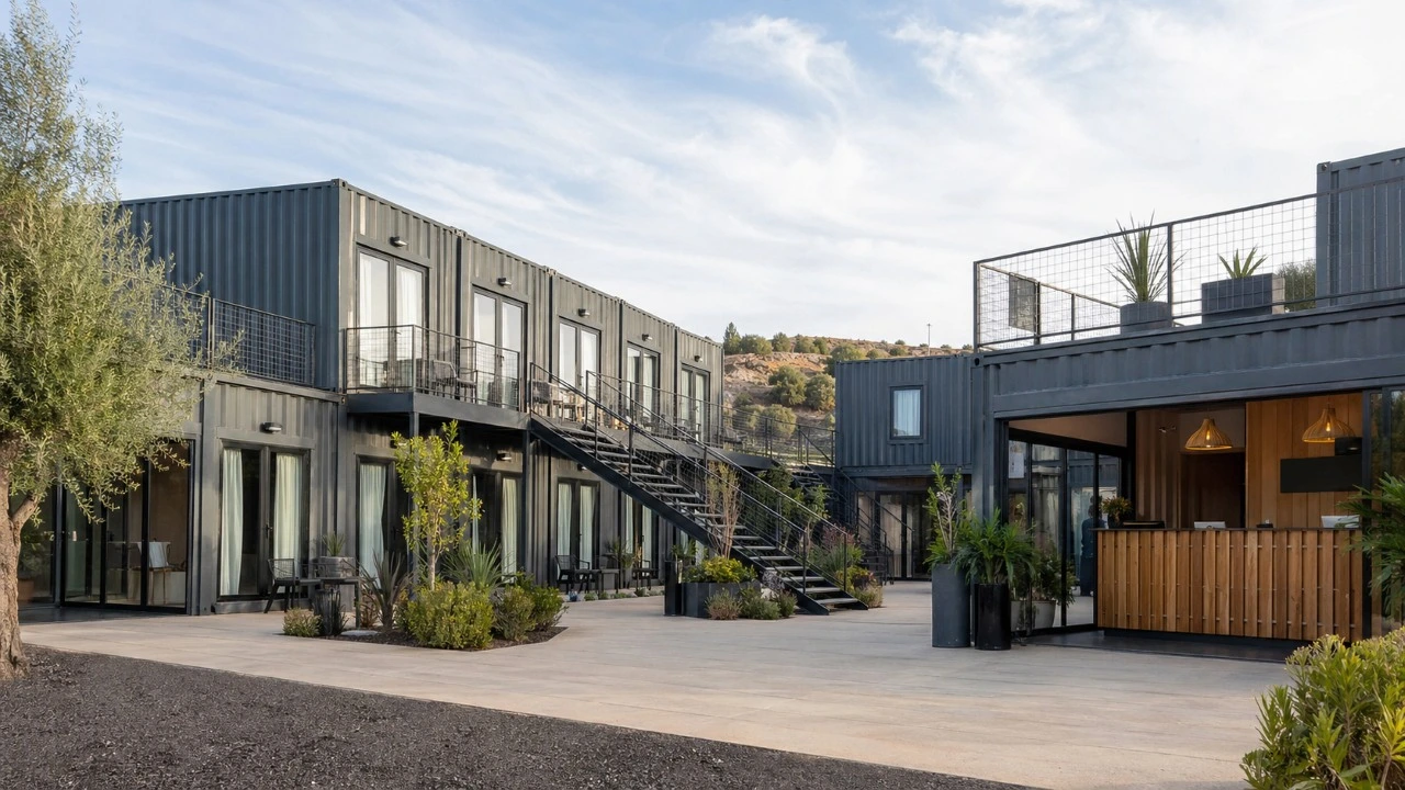 Hotel con contenedores en España con módulos habitacionales, zonas comunes y patio exterior en un proyecto de hospitality modular