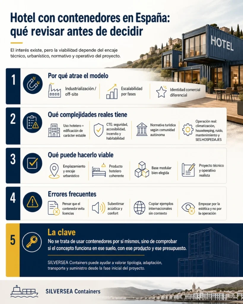 Infografía de SILVERSEA Containers sobre viabilidad técnica, urbanística, normativa y operativa de un hotel con contenedores en España