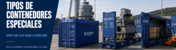 Comparativa visual de contenedores especiales open top, flat rack y open side en una terminal industrial, con carga vertical, carga sobredimensionada y acceso lateral.