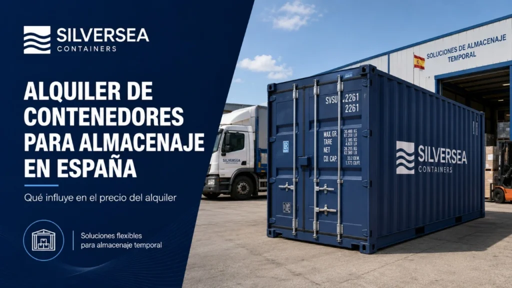 Contenedor de almacenaje en alquiler en España junto a nave logística, camión de entrega y soluciones temporales de SILVERSEA Containers
