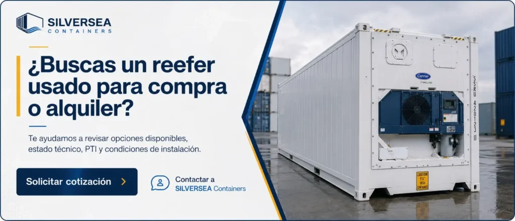 Banner CTA para solicitar cotización de un reefer usado con SILVERSEA Containers mostrando un contenedor frigorífico en un patio logístico