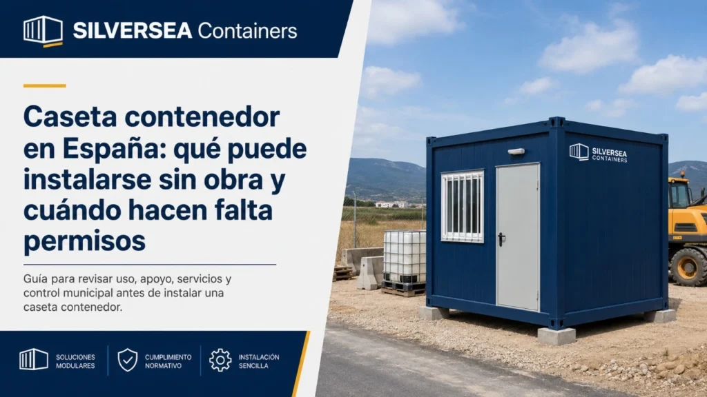 Caseta contenedor instalada en España sobre apoyo ligero en una parcela temporal, con enfoque en permisos, uso auxiliar y revisión municipal