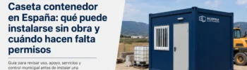Caseta contenedor instalada en España sobre apoyo ligero en una parcela temporal, con enfoque en permisos, uso auxiliar y revisión municipal