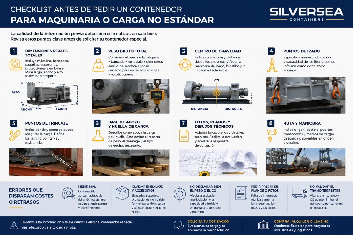 Checklist para pedir un contenedor especial para maquinaria o carga no estándar con medidas, peso y puntos de izado