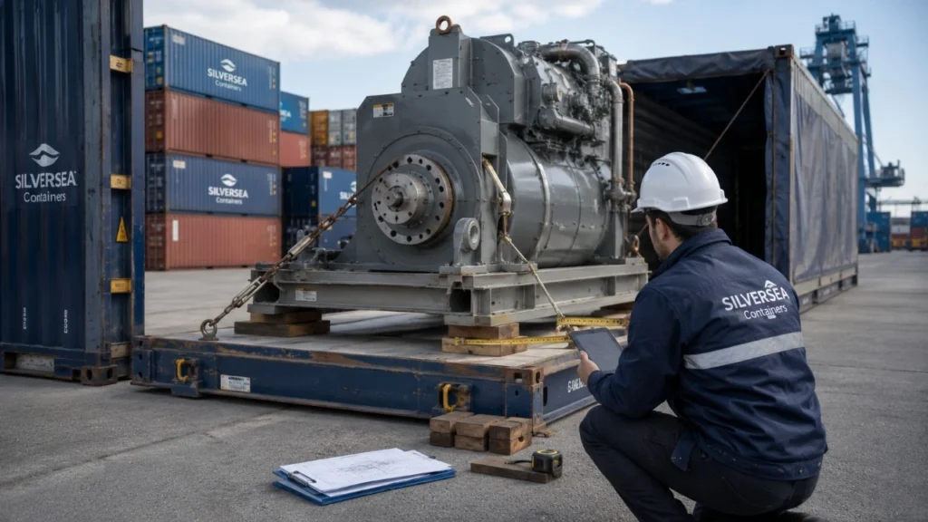 Técnico revisando maquinaria industrial sobre flat rack antes de pedir un contenedor especial para carga no estándar
