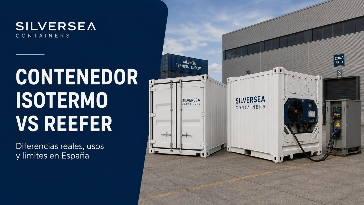 Comparativa entre contenedor isotermo y reefer en España, con contenedores refrigerados en entorno logístico y alimentación eléctrica para frío activo