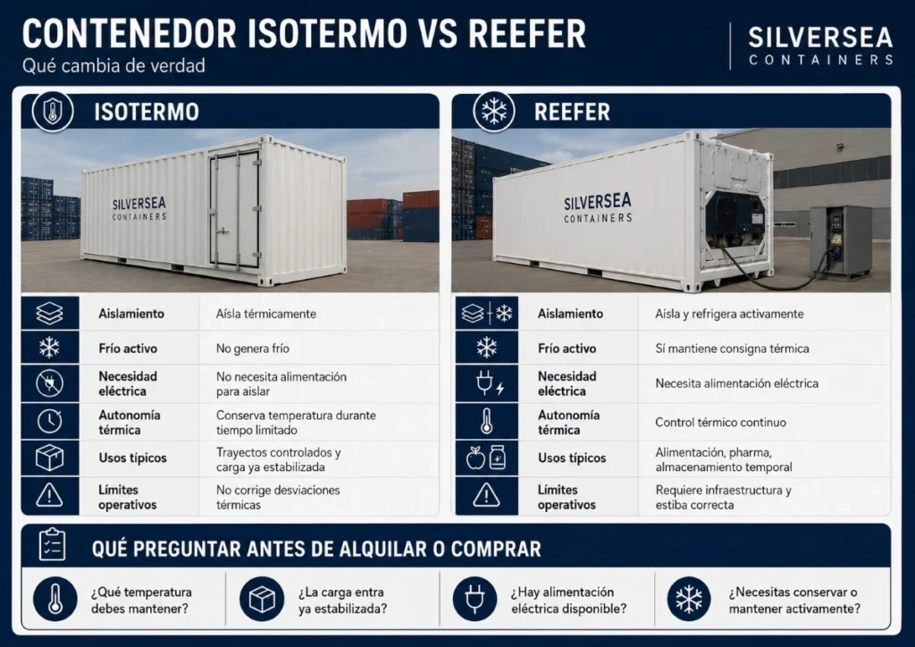 Infografía comparativa entre contenedor isotermo y reefer en España, con diferencias sobre aislamiento, frío activo, necesidad eléctrica, usos y límites operativos