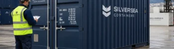 Inspección de un contenedor marítimo de segunda mano en buen estado en España antes de revisar estructura, puertas, suelo y transporte