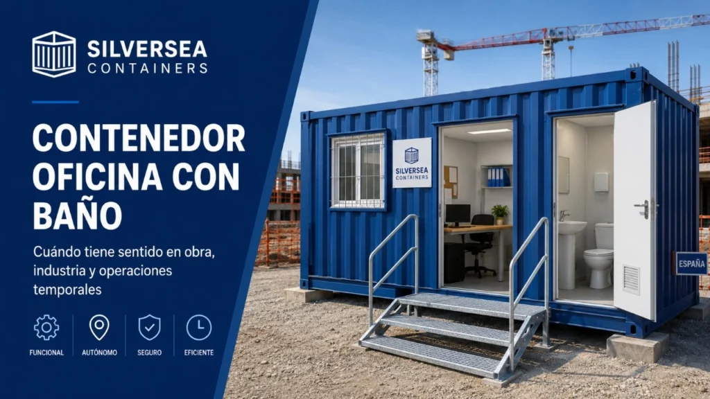 Contenedor oficina con baño instalado en una obra en España, con acceso preparado, espacio de trabajo interior y aseo integrado para operaciones temporales