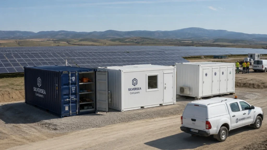 Contenedores de apoyo temporal en un parque solar con módulos para almacenaje, oficina de obra y vestuarios