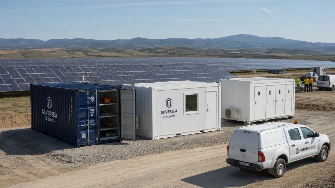 Contenedores de apoyo temporal en un parque solar con módulos para almacenaje, oficina de obra y vestuarios