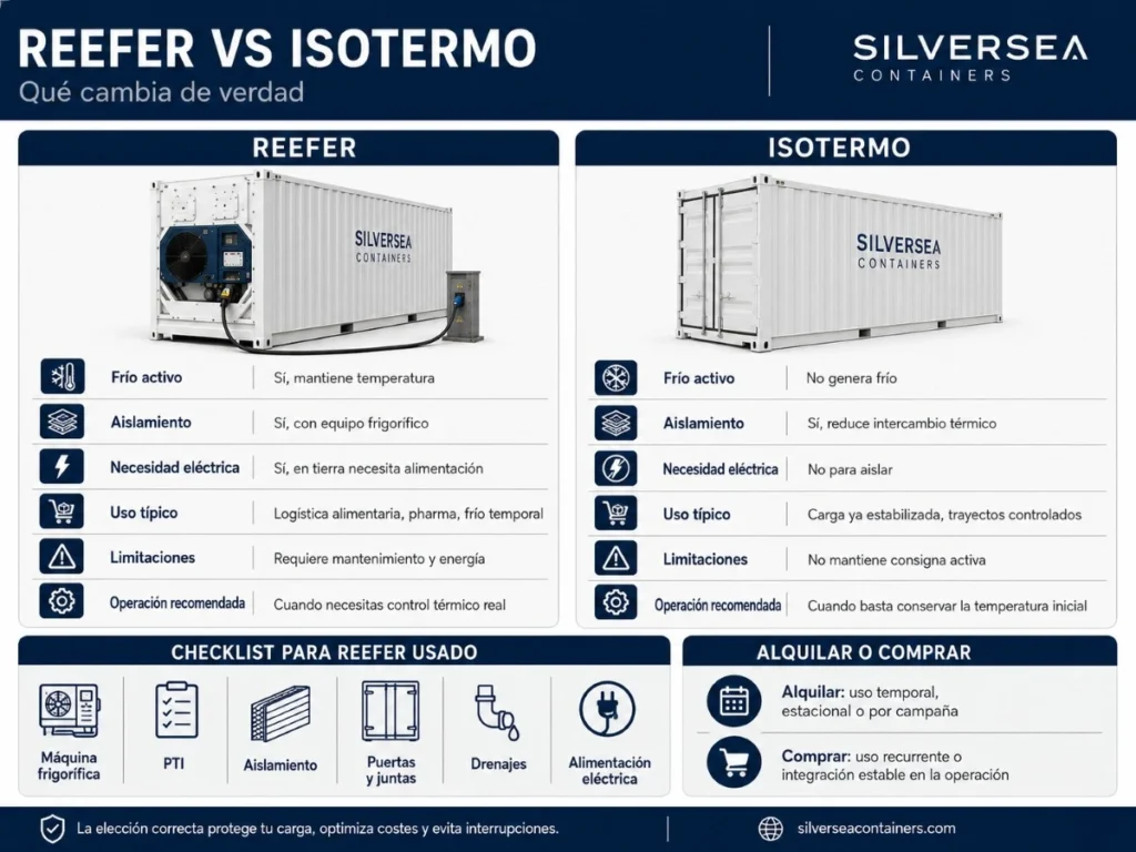 Infografía comparativa entre contenedor reefer e isotermo en España, con diferencias sobre frío activo, aislamiento, necesidad eléctrica, alquiler, compra y revisión de reefer usado