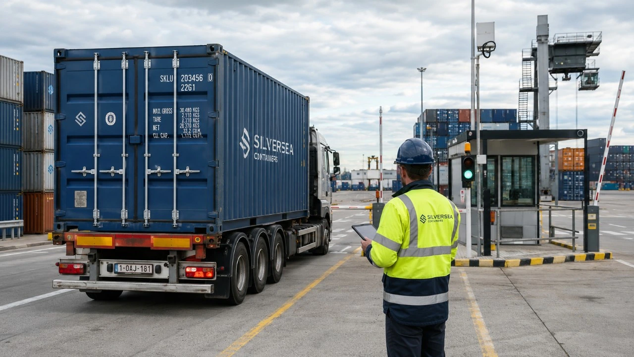 Camión devolviendo un contenedor en terminal logística para reducir costes inland y tiempos muertos