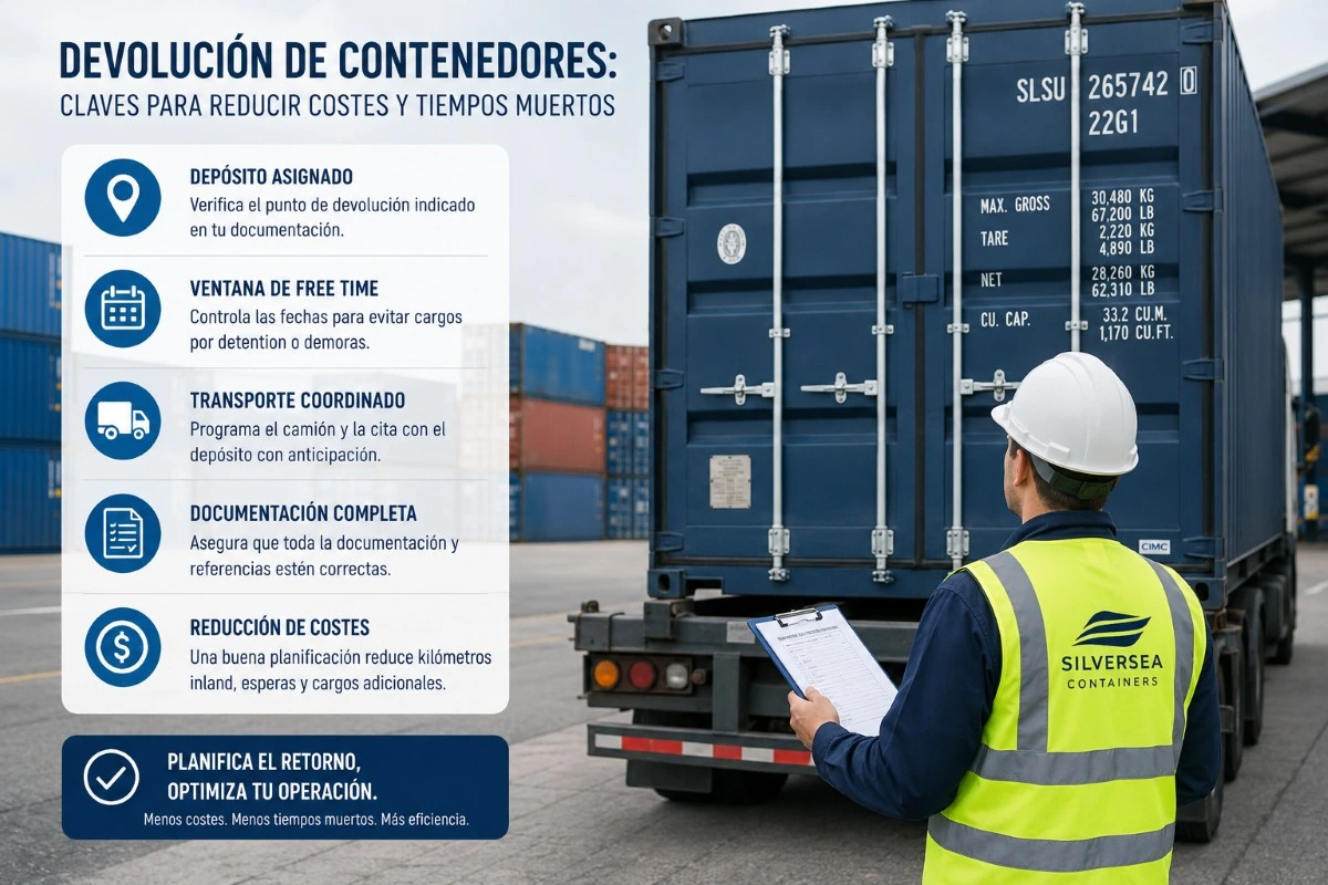 Infografía sobre devolución de contenedores para reducir costes inland, detention y tiempos muertos logísticos