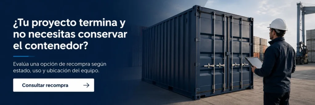Banner CTA sobre recompra de contenedores marítimos para empresas en España con contenedor inspeccionado en patio logístico