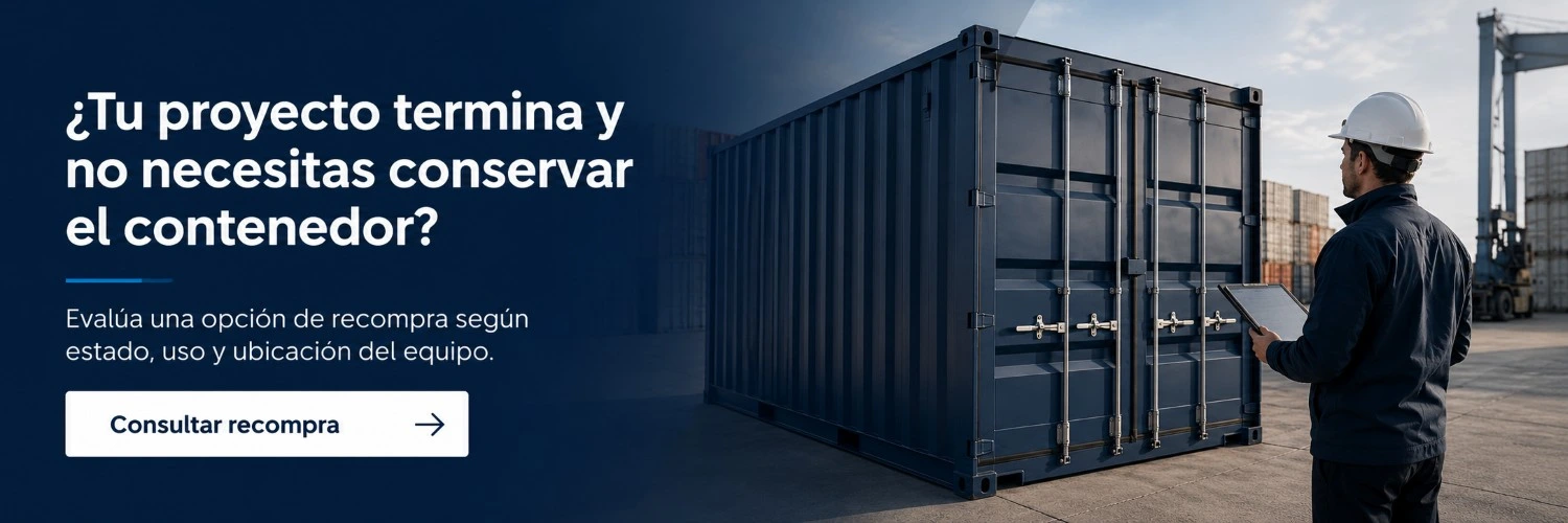 Banner CTA sobre recompra de contenedores marítimos para empresas en España con contenedor inspeccionado en patio logístico
