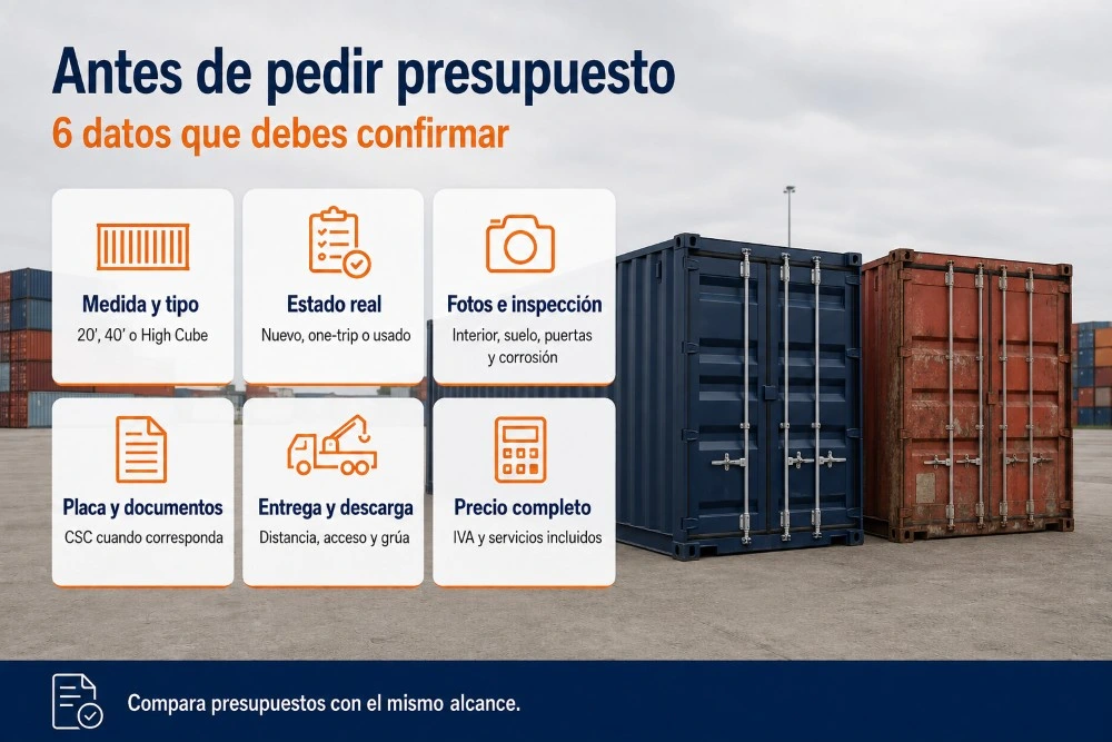 Infografía con seis aspectos que deben revisarse al elegir un proveedor de contenedores marítimos en España, sobre una imagen de contenedores nuevos y usados.