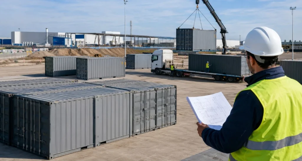 Planificación de compra de varios contenedores en España con entregas por fases, coordinación logística y colocación en un proyecto industrial