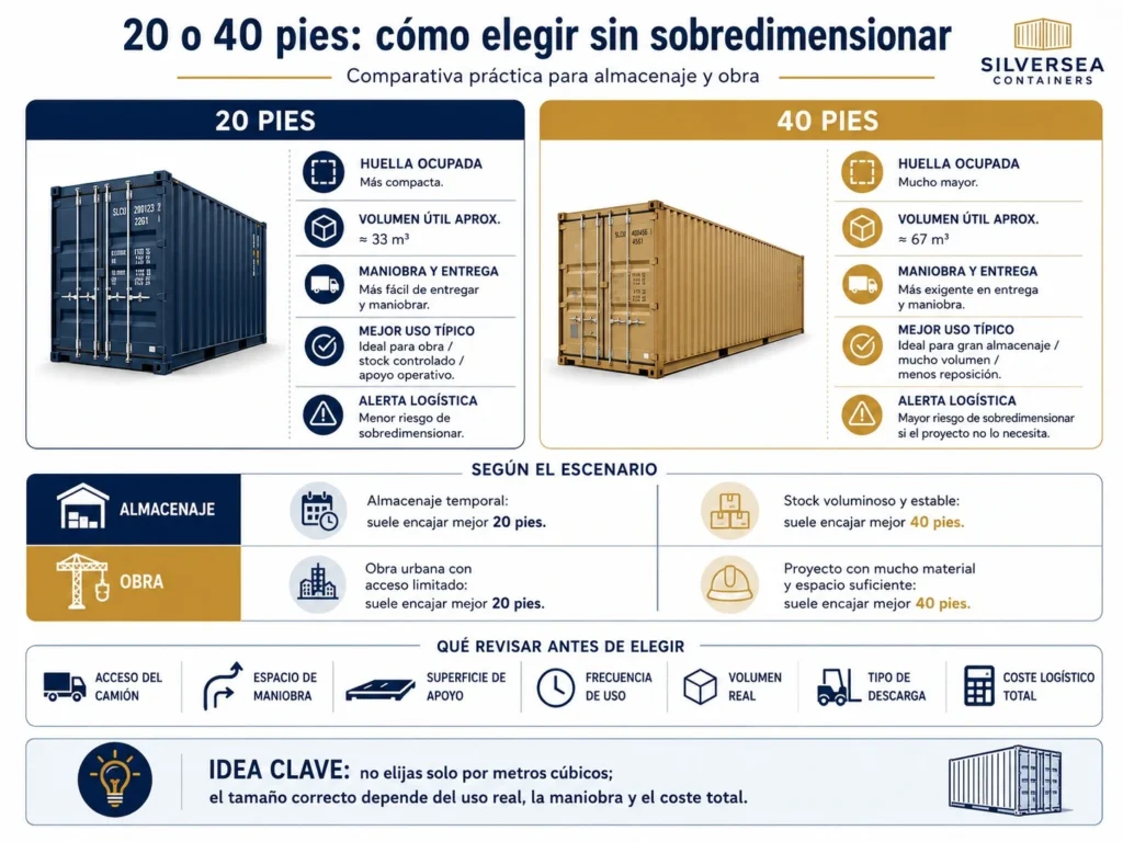 Infografía comparativa entre contenedor de 20 y 40 pies para almacenaje y obra en España, con volumen útil, huella, maniobra y coste logístico