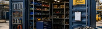 Contenedor para repuestos y mantenimiento industrial en España con interior organizado, herramientas, stock técnico y acceso funcional junto a una planta industrial
