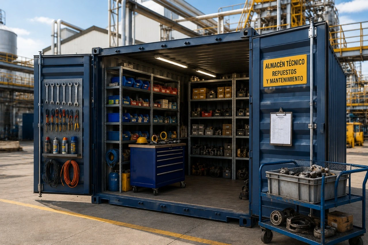 Contenedor para repuestos y mantenimiento industrial en España con interior organizado, herramientas, stock técnico y acceso funcional junto a una planta industrial