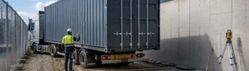 Entrega de contenedor en España con camión, acceso limitado, maniobra de descarga y base de apoyo preparada en entorno industrial