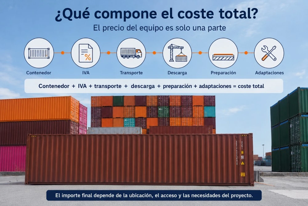 Infografía sobre el coste total de comprar un contenedor marítimo en España: equipo, IVA, transporte, descarga, preparación y adaptaciones.