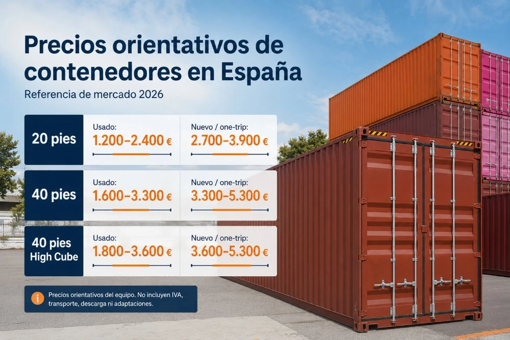Infografía con precios orientativos en España de contenedores marítimos usados y nuevos de 20, 40 y 40 pies High Cube en 2026.