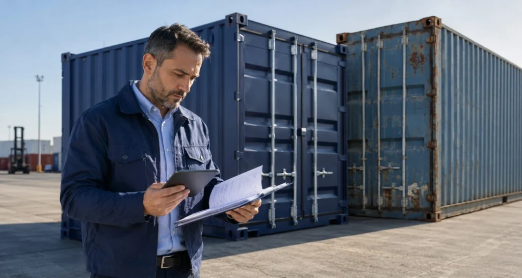 Técnico revisando presupuesto para la venta de contenedores nuevos y usados en España en un patio logístico