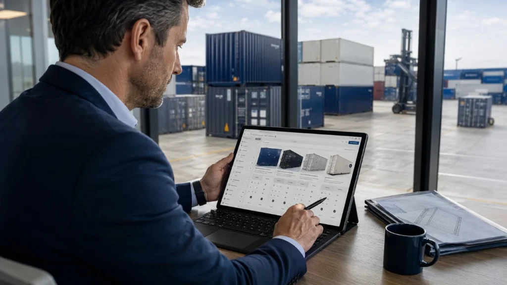 Profesional revisando el catálogo online de contenedores de SILVERSEA Containers antes de cotizar una unidad según tipo, tamaño y estado