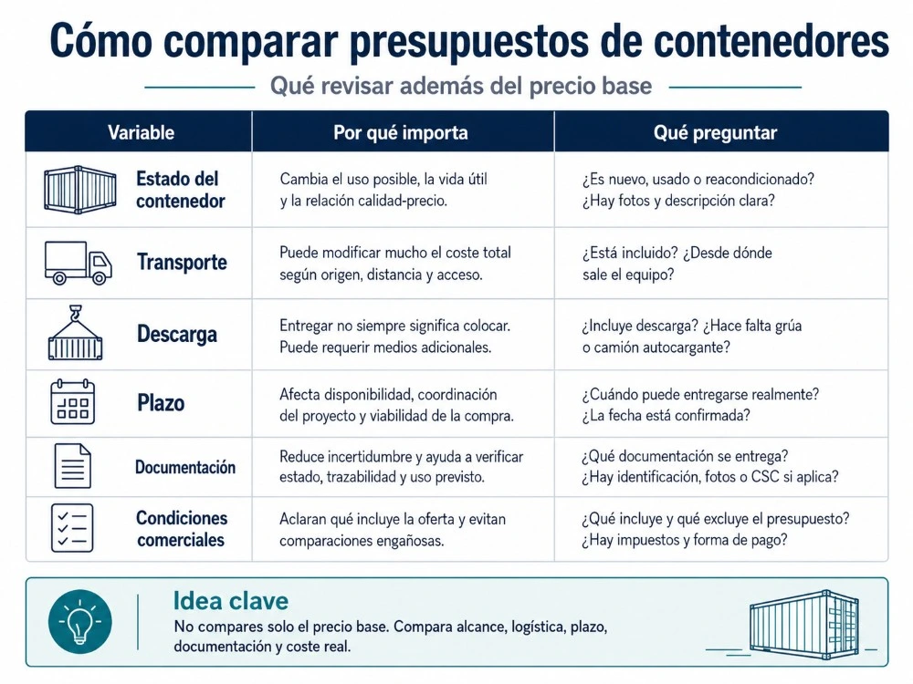 Infografía para comparar presupuestos de contenedores según estado, transporte, descarga, plazo, documentación y condiciones comerciales
