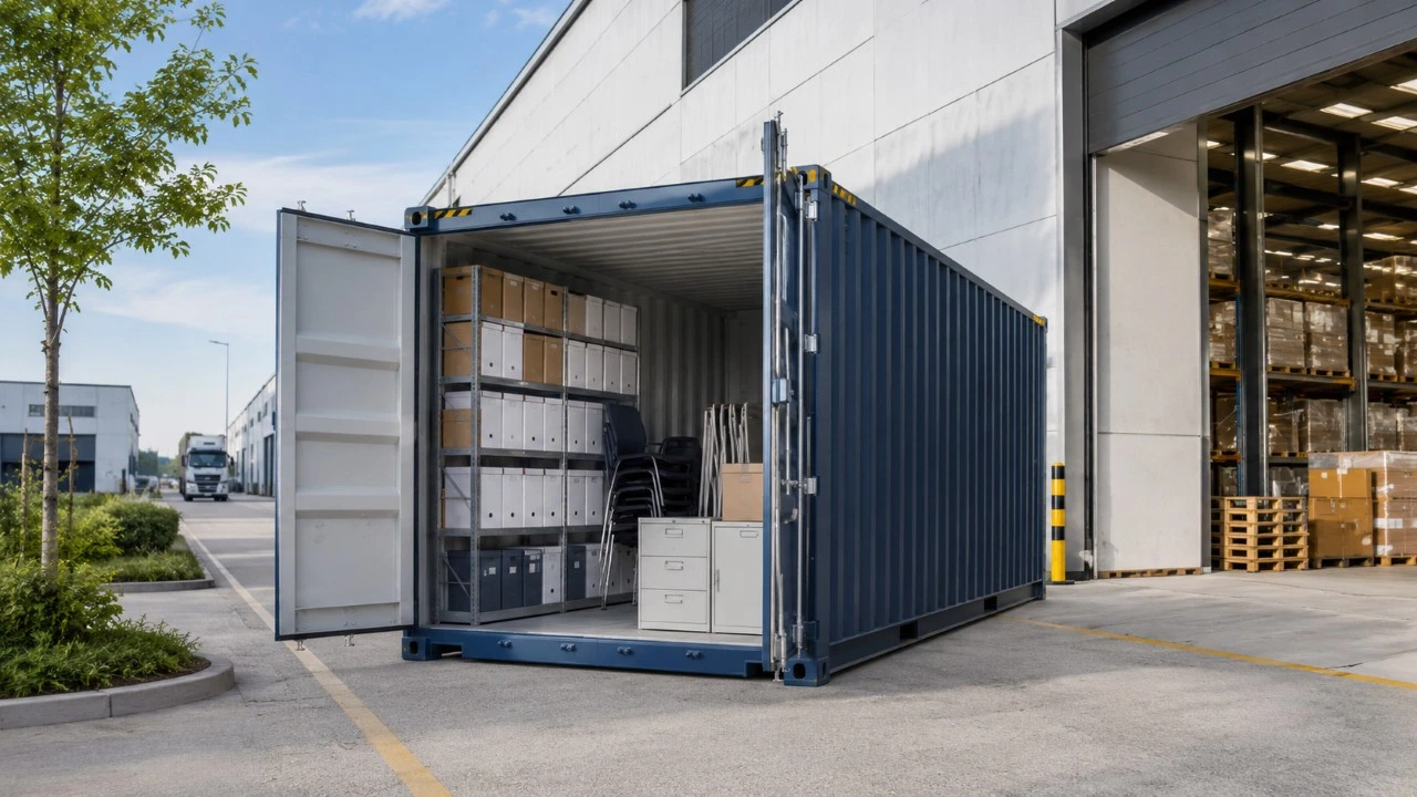 Contenedor para archivo y equipamiento de empresa con cajas, mobiliario y documentación organizada junto a una nave industrial