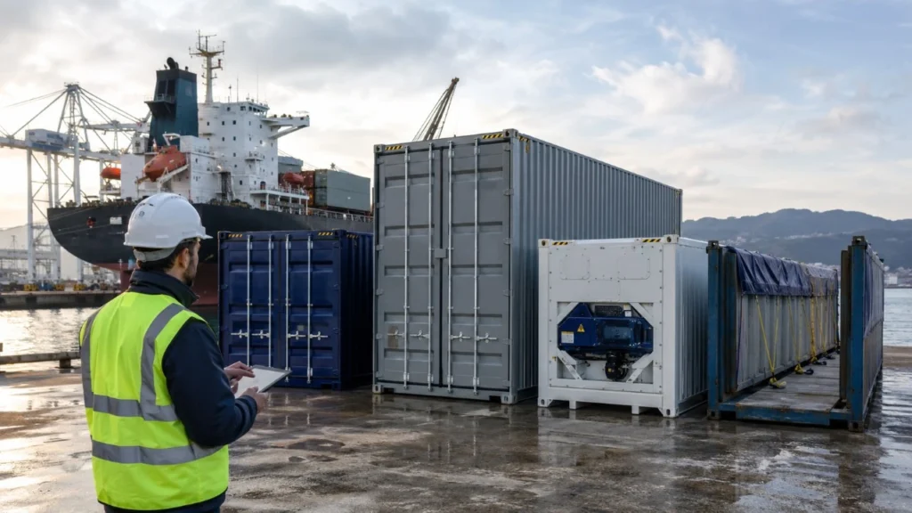 Contenedor de barco y contenedores marítimos comerciales en puerto industrial de España para ilustrar tipos de contenedores y su uso logístico
