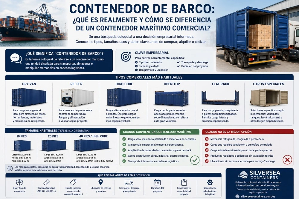Infografía sobre qué significa contenedor de barco, tipos de contenedores marítimos y datos clave antes de comprar, alquilar o cotizar