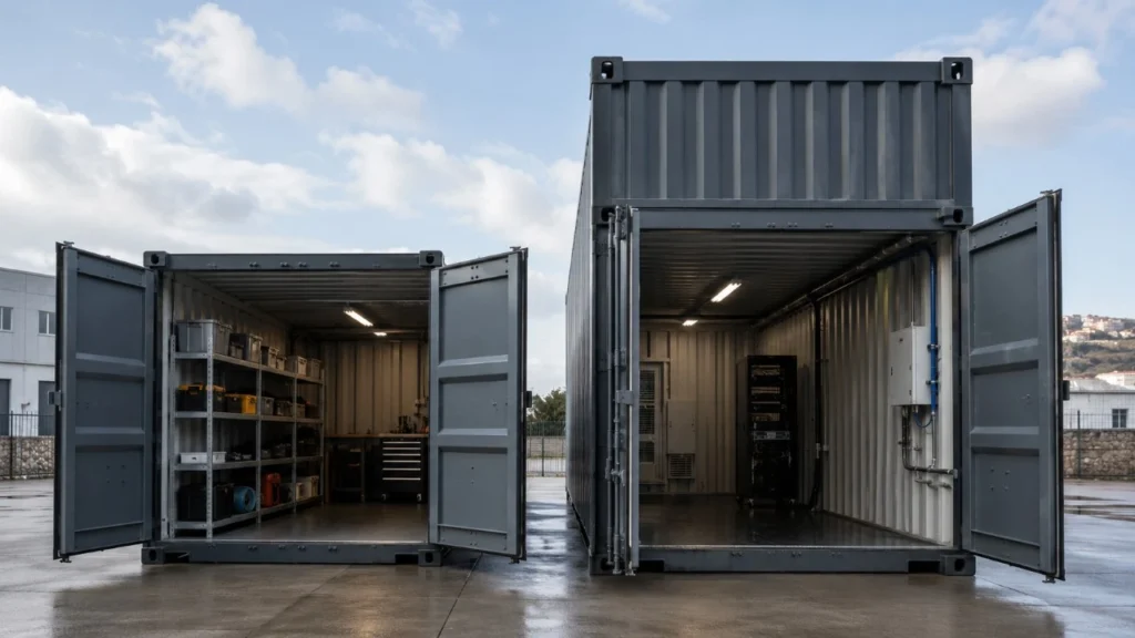 Comparativa visual entre un contenedor estándar y un High Cube abiertos, con distintos niveles de altura interior y equipamiento técnico