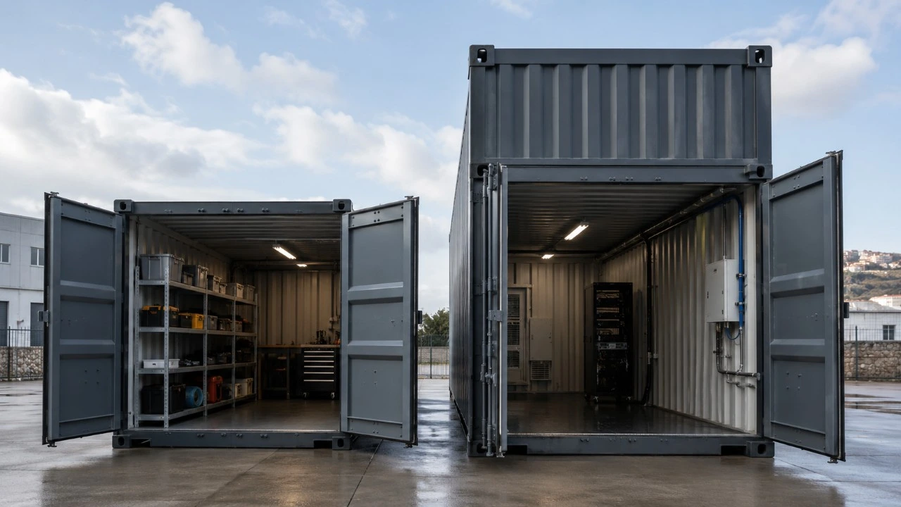 Comparativa visual entre un contenedor estándar y un High Cube abiertos, con distintos niveles de altura interior y equipamiento técnico