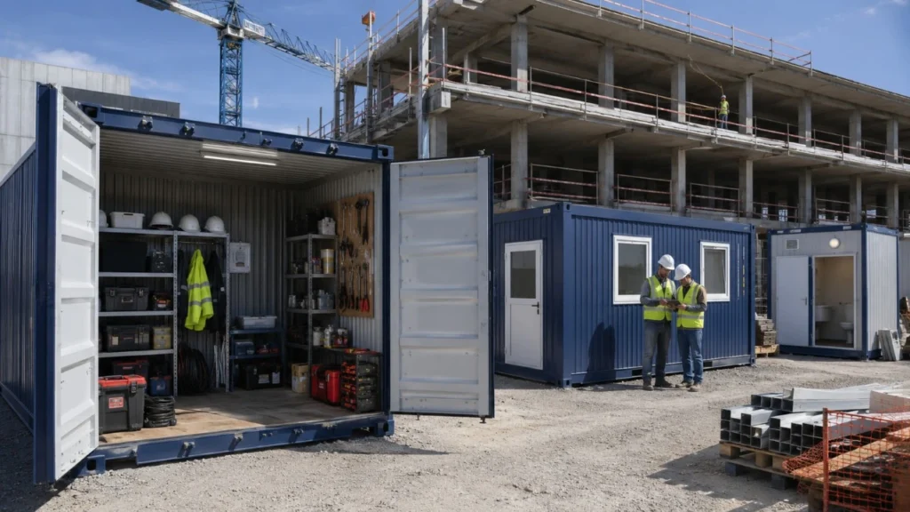 Contenedores para construcción en una obra con almacén de herramientas, oficina modular y sanitario de apoyo para el personal