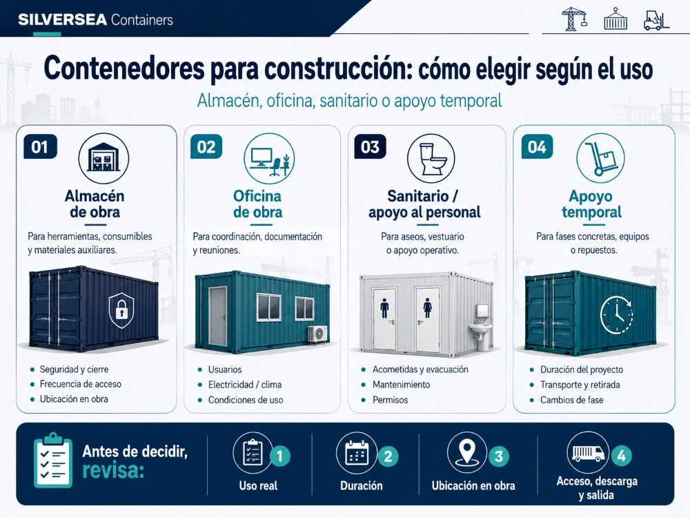 Infografía sobre contenedores para construcción según uso: almacén de obra, oficina, sanitario, apoyo temporal, ubicación, acceso y descarga