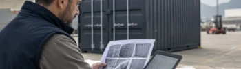 Persona revisando documentación y estado de un contenedor marítimo nuevo o usado en un patio logístico antes de la compra