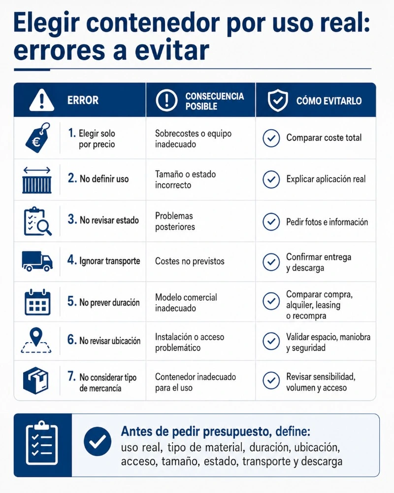 Infografía sobre errores frecuentes al elegir un contenedor solo por precio y cómo decidir según uso, estado, transporte, duración, ubicación y tipo de mercancía