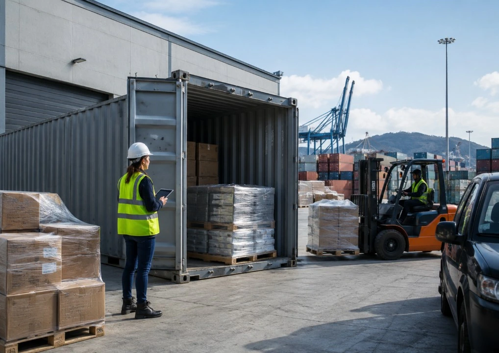 Contenedor marítimo usado como capacidad temporal para mercancía bloqueada en almacén o puerto con pallets y carretilla elevadora